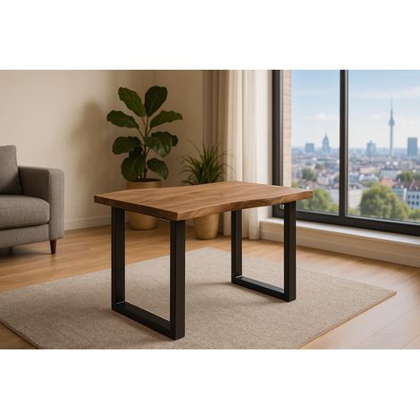 Esstisch Baumkante massiv Akazie stonefarben 160 x 85 cm schwarz LAURINA (1/5)