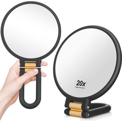 Miroir de voyage grossissant x20, miroir de maquillage double face, avec poignée pliable, miroir de maquillage portable pour femmes, noir. (1/5)