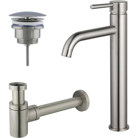 FugaFlow Eccelente Sobrado Kit mitigeur lavabo - robinet rehaussé - bonde non-obturable - siphon design bas - PVD Inox brossé (1/4)