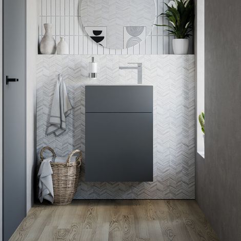 BERNSTEIN - Mueble lavabo suspendido MDF grafito mate, lavabo blanco mate + orificio grifería + desagüe, bisagra puerta izquierda - 50x26x72cm - KONDA blanco mate, Grafito mate