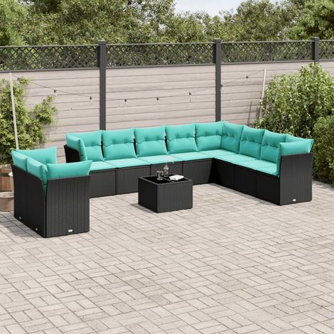 Salon de jardin modulable 11 pièces en résine tressée noire avec coussins bleus, 90kg - PANGIVO (1/5)