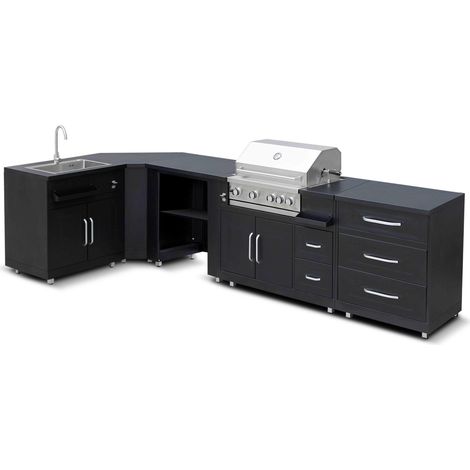 Oviala – Cuisine d'extérieur angle 5 éléments – Évier inox avec tuyau de vidange – Barbecue gaz 4 brûleurs + rôtisserie – Dimensions 483 x 66 x 96 cm (1/5)