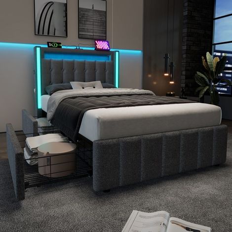 Lit - KOMHTOM - 90x200 cm - Tête de lit USB‑C & LED pilotable par app - Sommier à lattes bois inclus - 2 tiroirs (1/5)