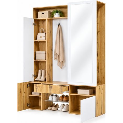 FurnitureR Meuble à chaussures entrée avec miroir et penderie MDF avec tringle (1/5)