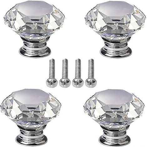 Set mit 4 Xceedez Kristallknöpfen, 40 mm rautenförmige Kristallgriffe für Schubladen/Schranktüren mit Schrauben für Zuhause, Küche, Büro und Kommode.
