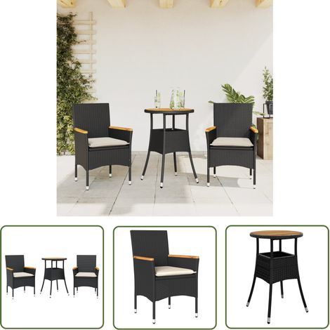 The Living Store Ensemble à manger de jardin et coussins 3 pcs noir rotin acacia - Salon De Jardin - Mobilier De Jardin - Set De Salon De Jardin - Table De Jardin - Chaises De Jardin (1/5)