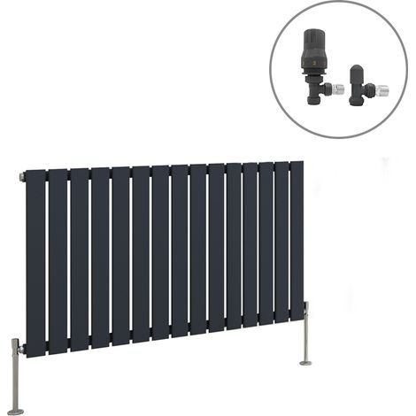 Anthracite Designer Radiator Flat Panel Central Heating Rad with Angled Thermostatic Valves Horizontal Single 600x1020mm
