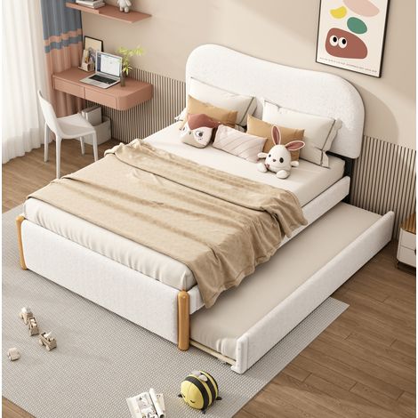 Lit rembourré minimaliste 140x200 cm blanc avec tête de lit, sommier à lattes et lit gigogne escamotable (1/5)