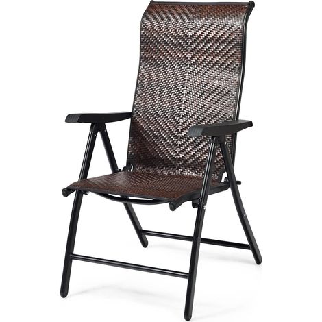 GOPLUS Chaise Pliante de Jardin avec Dossier Réglable en 5 Position-en PE Rotin avec Accoudoirs Ergonomiques Marron (1/5)
