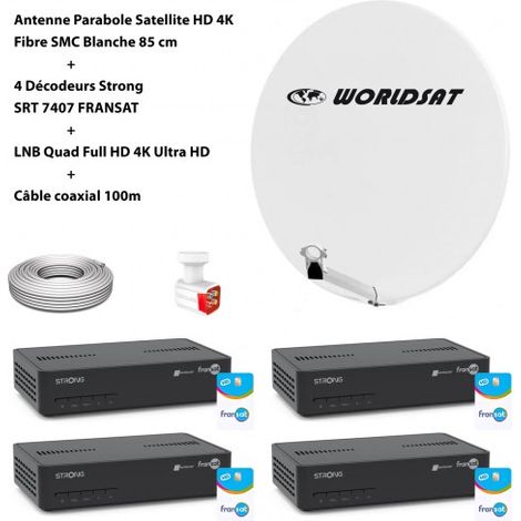 Kit Antenne Parabole Sat HD 4K Fibre SMC Blanche 85cm WORLDSAT + 4 Décodeurs Strong SRT 7407 FRANSAT + LNB Quad 4K Ultra Full HD + Câble coax 100m (1/5)