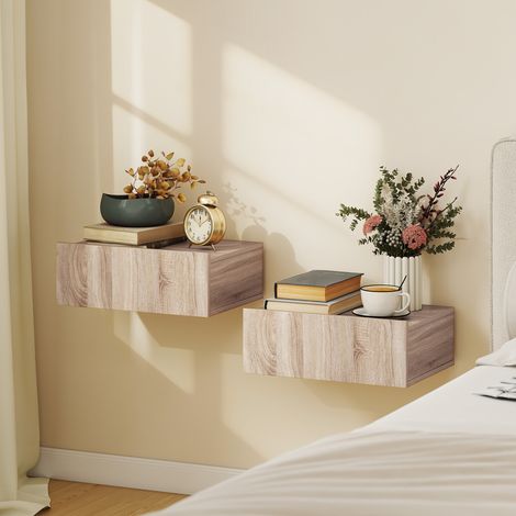 Set de 2 Mesillas de Noche de Pared Mesitas de Noche Flotantes con 1 Cajón para Dormitorio 40x30x15 cm Roble