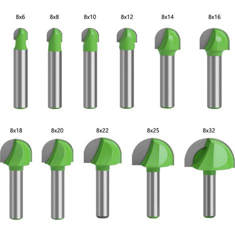 Fraise à Fond Rond Bois, 11PCS Router Bits 8mm Tige Fraise à gorges Carbure Queue Fraise à Rainurer pour Défonceuse Outil de Coupe Bit de Routeur (1/4)