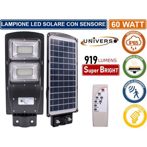 LAMPIONE STRADALE LED 60W CON PANNELLO SOLARE FOTOVOLTAICO E SENSORE DI MOVIMENTO IP65 919 LUMEN (1/5)