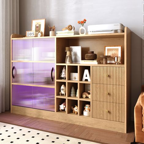 Credenza Vino con 2 Ante Scorrevoli in Vetro, 3 Cassetti e Luce LED, per Soggiorno e Sala da Pranzo, 120×30×85 cm (1/5)