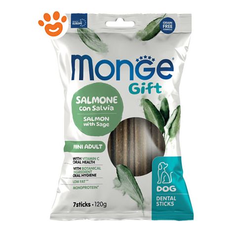 Monge Dog Gift Dental Sticks Mini Adult Salmone con Salvia + OMAGGIO - Monge Dog Gift Dental Sticks Mini Adult Salmone con Salvia + OMAGGIO - Confezione Da 7 Stick + OMAGGIO Monge GIFT