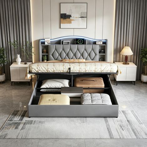 FOERPL-Polsterbett Doppelbett 140 x 200 cm mit LED-Beleuchtung und USB-Anschluss, Gepolstertes Doppelbett 140x200 cm mit Lattenrost, hydraulisches Bett 140x200 cm mit Stauraum und offenen Regalen Stau (1/5)