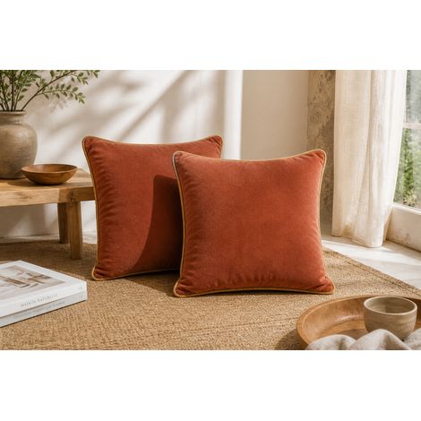 Lot de 2 Coussins Velours de Coton Terracotta 45 x 45 cm – Déhoussables avec zip – CÉSAR