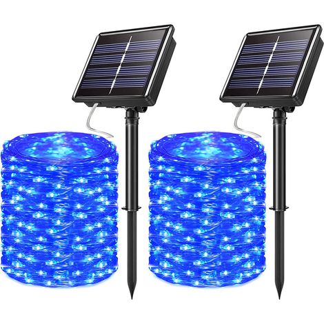 2PCS 15m 150 LED extérieure solaire Fairy Tale light avec 8 modes imperméable à l'eau décoratif cuivre fil lumière pour jardin arbre Noël (Bleu) (1/5)