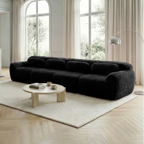 Sofá modular de 4 plazas en felpa negra con asiento amplio y base antideslizante,378x104x73 cm (1/5)