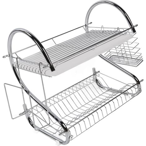 2-stöckiger Geschirrständer, Schüsseln, Abtropfgestell, rostfrei, Küchenaufbewahrung, Schneidebrett (1/5)