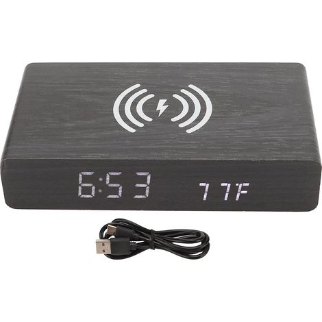 Horloge en bois noir, décoration numérique, éclairage LED blanc, avec chargement sans fil, pour chambre à coucher (1/5)