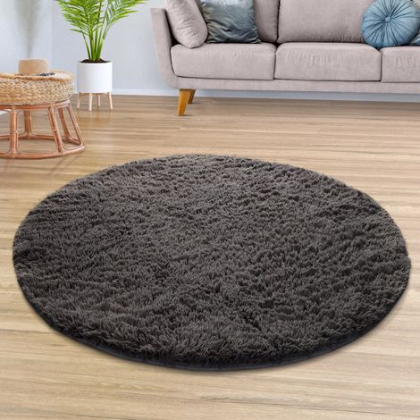 Tapis de salon à poils longs, doux, moderne, design uni Anthracite, Rond, 160 cm x 160 cm x 37 mm (1/5)