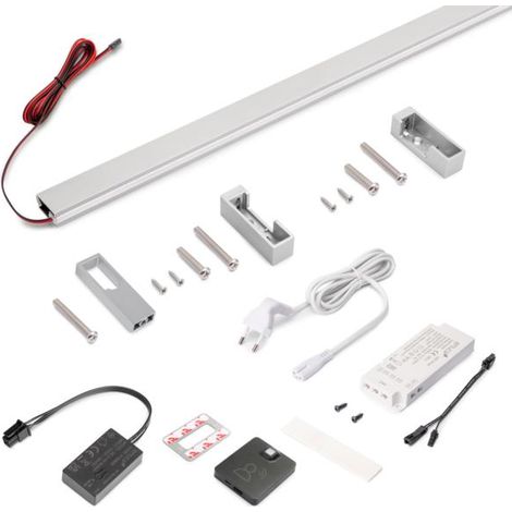 Emuca Kit de barra para armario Luxe, tira LED 4,5x8 Neonlynx V, sensor de movimiento RF Smart y convertidor Smart (24V DC), longitud 1.150mm, Luz blanca cálida 2.700K, Plástico y Aluminio, Anodizado 