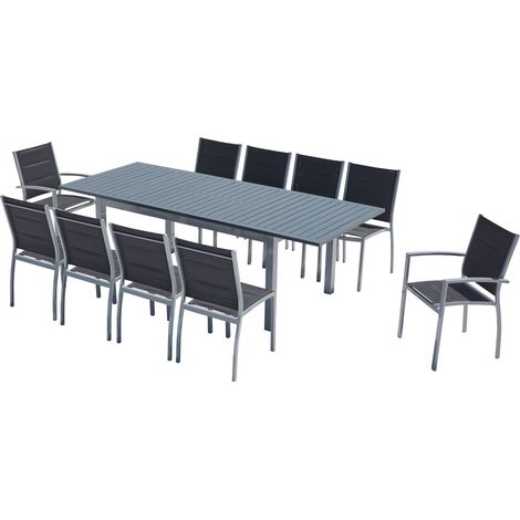 Garten-Esstisch ausziehbar und 10 Stühle aus Aluminium/ PVC-Gewebe in Grau AREZZO