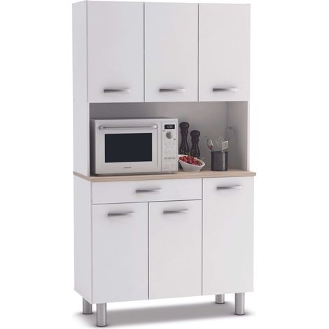 Mueble Auxiliar Cocina, Armario Cocina, Alacena Cocina Buffet 6 Puertas Blanco y Roble Acacia 101x185 cm (1/5)