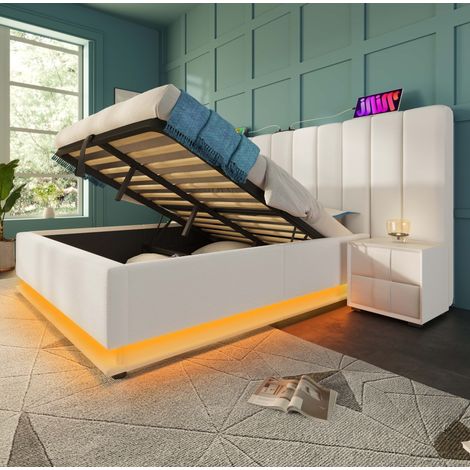 Lit coffre 160x200 cm en PU blanc avec LED et USB-C, gain de place pour chambre – MEUBLIV (1/5)