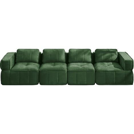 Canapé modulable vert 4 places sans structure, mousse haute densité 32D, tissu polyester, base antidérapante, 344 x 93 x 67 cm (1/5)