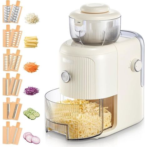 Râpe électrique multifonctionnelle, 6 lames, récipient 1,8 L, hachoir à légumes, fromage, oignons, carottes, concombres, blanc (1/4)