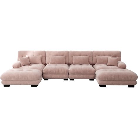 Canapé d'angle modulable en chenille vintage rose, 4 places avec ottoman mobile, forme en U (1/5)