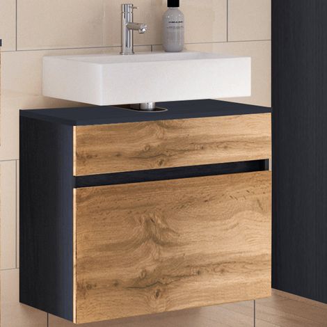 Badezimmer Waschtischunterschrank mit Auszug LOUROSA-03 in Graphitgrau mit Wotaneiche Nb., B/H/T: ca. 60/55/35 cm (1/5)