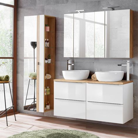 Badezimmermöbel set mit 120cm Doppel Keramik Waschtisch TOSKANA-56 Hochglanz weiß & Wotaneiche, B/H/T ca.: 180/200/46cm (1/5)