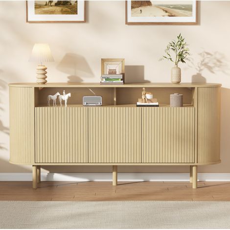 Aparador 160x40x78,5 cm con 3 puertas onduladas, nicho abierto, patas de madera, natural (1/5)