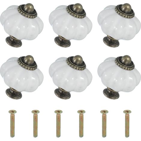 Six boutons en céramique blanche, de 3,3 x 3,3 x 3,8 cm chacun, avec vis. Boutons et poignées de tiroir en céramique en forme de citrouille. (1/5)