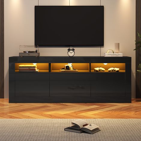 Modernluxe – Meuble TV 160cm pour TV 70" – Éclairage LED intégré – 2 portes, 2 tiroirs, 3 compartiments ouverts – Matériaux robustes – Noir (1/5)