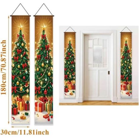 Bannière décorative à carreaux avec le Père Noël et un nouveau couplet de Noël 2026 - 180 x 30 cm - SDJDL-40