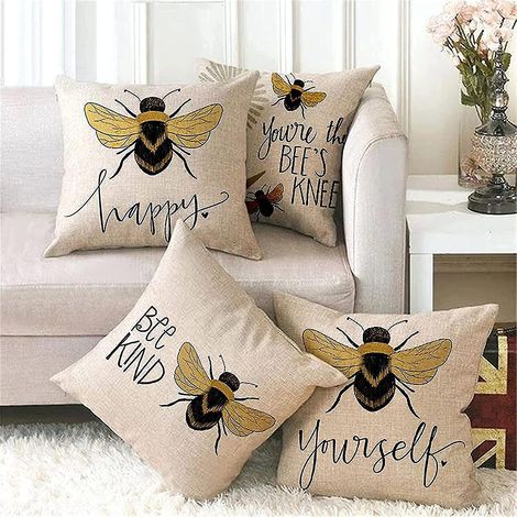 Bienen-Kissenbezüge für den Außenbereich, wasserdicht, strapazierfähig und dick, gelb, 4er-Set, dekorativ für Haus und Garten, für Sofa, aus quadratischem Leinen.