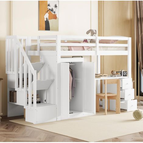 Lit mezzanine en pin et MDF blanc 90x200 cm avec sommier, bureau, armoire, tiroirs et escalier de rangement (1/5)