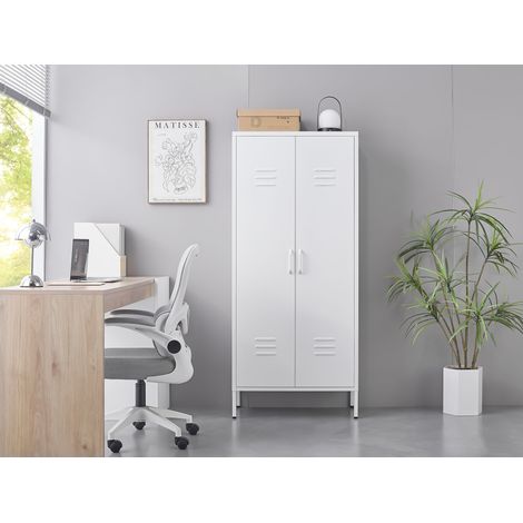 Armoire de rangement blanche en métal à 2 portes avec étagères réglables, idéale pour ranger les vêtements dans la chambre, le salon, le bureau et la salle de sport. (1/5)