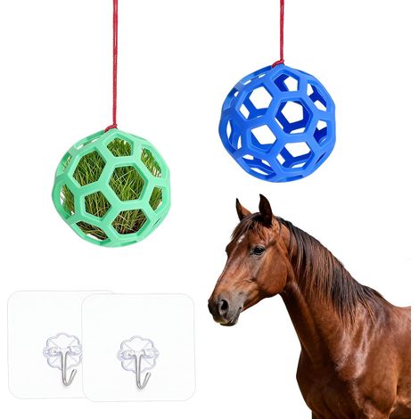 2 pcs Mangeoire à Foin pour Chevaux Boule Poulets et légumes, Jouet Chevaux de 14cm à Suspendre, Horse Treat Ball pour chèvres Moutons et volailles réduction du Stress (Vert et Bleu) (1/5)