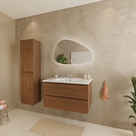 Ensemble Meuble Vasque 80 Cm Avec Colonne - Chêne Chaud - Lavabo (1/5)