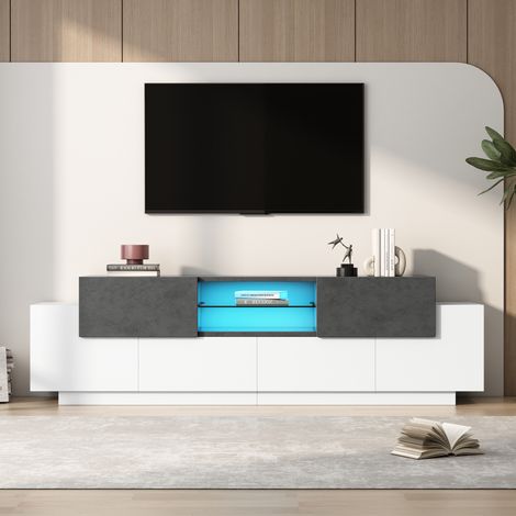 Meuble TV LED, commode TV, lowboard moderne avec étagères en verre pour salon et chambre, console multimédia avec rangement, adapté aux téléviseurs 80/75/70/65/55 pouces, blanc et gris