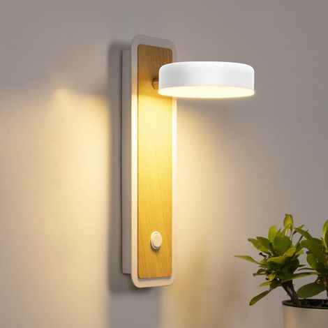 Applique murale LED 12 W applique murale en bois d'intérieur rétro moderne avec interrupteur Applique murale en fer rotative à 360° adaptée pour escaliers, chambre, salle de bain, salon (blanc)