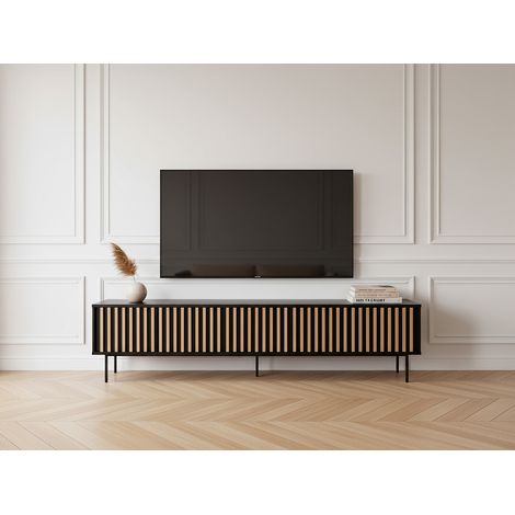 Bobochic – Meuble TV 5 portes 220 cm – MDF laqué noir – Façade en bois massif pin – 3 rangements spacieux – Passe-câbles inclus (1/5)
