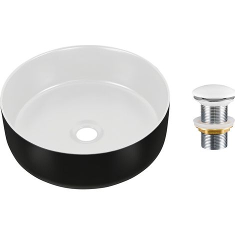 Lavabo da appoggio rotondo 36 cm bicolore nero opaco e bianco opaco in ceramica con piletta clic-clac
