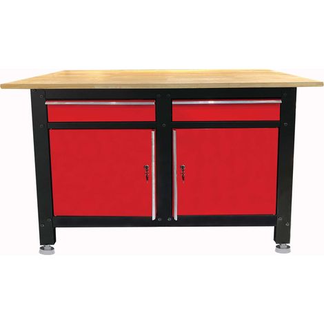 Defpro – Établi modulable en bois HEVEA 120x60cm – Charge maximale 150kg – Double porte avec tiroirs – Pieds réglables pour stabilité