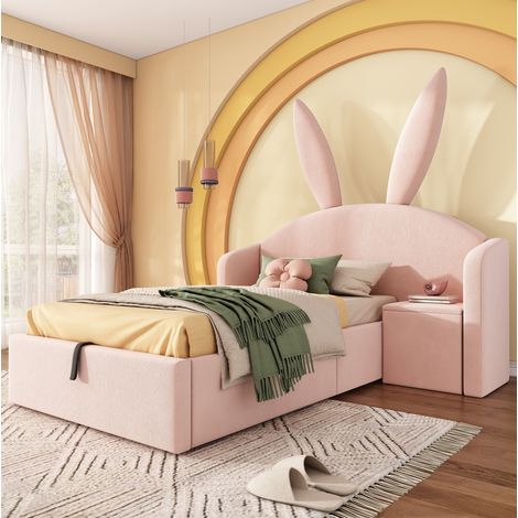 Cama juvenil tapizada con almacenaje y mesita rosa OKMYHOME (1/5)